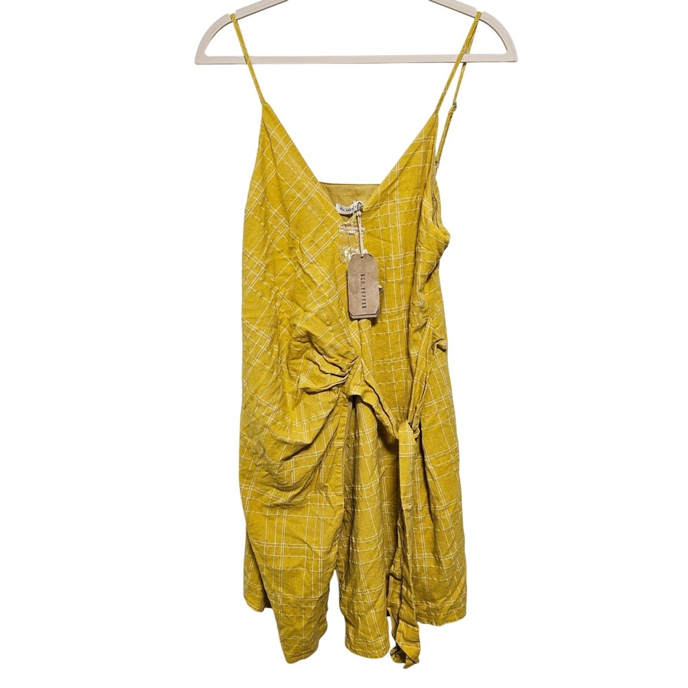 Blu Pepper Yellow Plaid Wrap Front Romper Mini Dress NWT‎ L 100% Cotton Festival